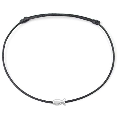 Selfmade Jewelry ® Anklet Fish Silver Black Satin Band Adjustable Anklet Ankle Bracelet with Silver-Coloured Fish Handmade Cover