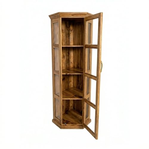 Image of Modern Furniture Astro Sheesham Wooden Crockery Cabinet with Acrylic Glass Door | Solid Wood Multipurpose Storage Cabinets for Living Room Home & Kitchen | Book Shelf Wooden - Teak Finish