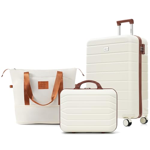 Image of Hardside Luggage Sets, Lightweight Stripes Suitcase with Spinner Wheels, Ivory /Brown 20