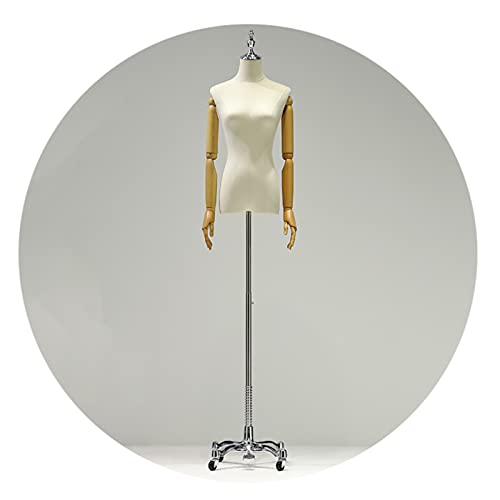 Female Mannequin Torso Body, Dummy Model with Wooden Arms, Linen Cover Dress Form for Clothing Store Display, Universal Casters Base, 2 Colors