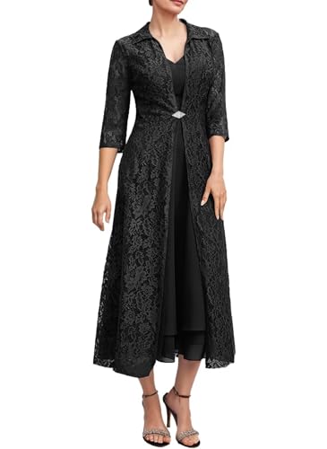 Tea Length 2 Piece Mother of The Bride Dresses with Jacket Lace Chiffon Formal Evening Gown with Sleeves