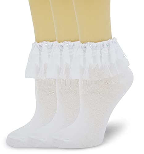 Image of Women Ankle Socks Lace Ruffle Frilly Cute Princess Dress Cotton Socks for Girl 3 Pack