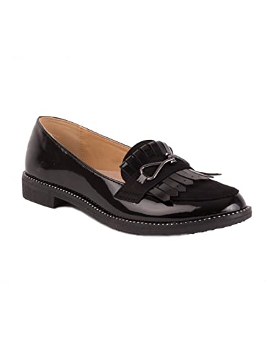 Mocassins Franges Loafer Femme Vernis Noir Talon carré avec Clous argenté Semelle cuir36 Cover