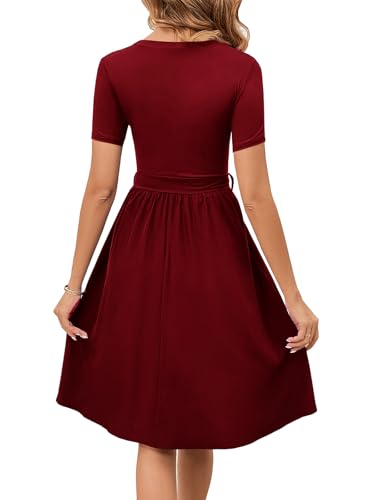 Image of Women's Elegant Vintage Round Neck Short Sleeve Summer Casual Work Party A-Line Dress with Belt 809