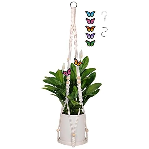 Warmplus Clearance Macrame Plant Hanger Wood Beads Butterfly Edition, Handmade Cotton Rope Macramé Hanging Planter with Natural Wood Beads, Embroidered Butterfly and Hook, Indoor Boho Home Decor Cover