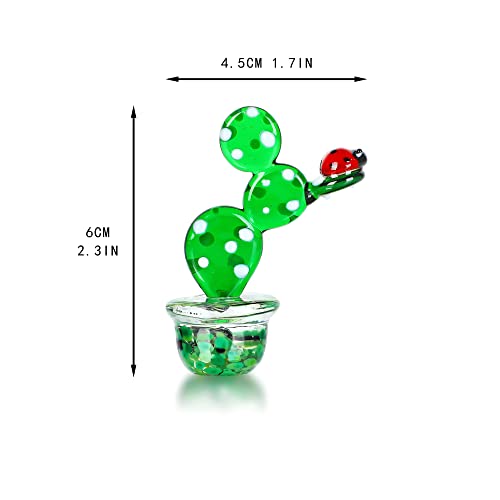 Qfkris 2.3'' Tall Mini Green Cactus With Ladybug Figurine Collectibles Hand Blown Bonsai Statue Ornament Glass Art Simulation Plants Sculpture For Home Garden Decor #TOP1