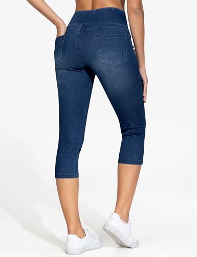 THE GYM PEOPLE Women's High Waisted Stretchy Capri Jeggings Pants Tummy Control Pull on Skinny Jean Leggings with Pockets2