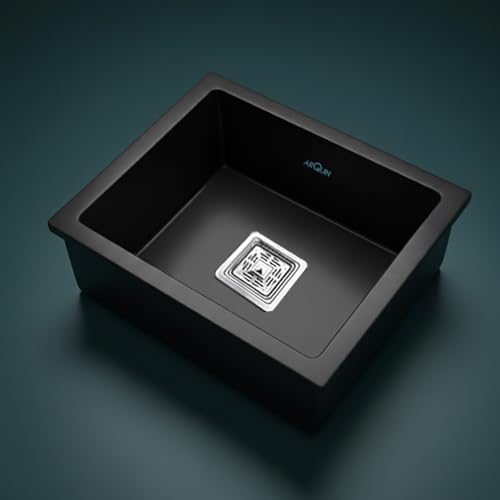 Image of ARQUIN Quartz Sink 21x18x9 Inch Black | Single Bowl Sink | Durable & Scratch-Resistant | Undermount /Topmount Including Coupling, Waste Pipe & Fruit Washing Basket