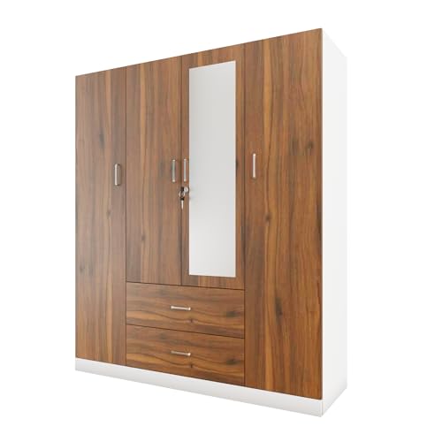 Image of VIKI Wardrobe | Wooden Almirah for Clothes,Door for Bedroom, 4 Door Wardrobe with Drawer, Mirror & Hanging Space (White & Walnut - 40D x 160W x 180H) | 1 Year Warranty | Free Assembly