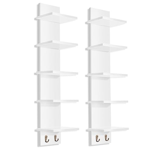 Sorbus 5 Tier Wall Shelf Unit with Hooks, Vertical Column Utility Shelving for Home Decor and Storage Organizer, Wall-Mounted Floating Shelves for Bathroom Storage, Bedroom (2 Pack)