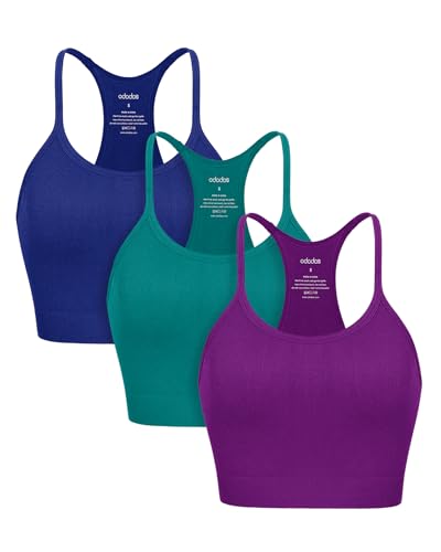 Image of ODODOS 3-Pack Seamless Racerback Sports Bra for Women Ribbed Camisoles Non Padding Yoga Bra Crop Tank Tops, Phlox+Sea Green+Lapis, Large