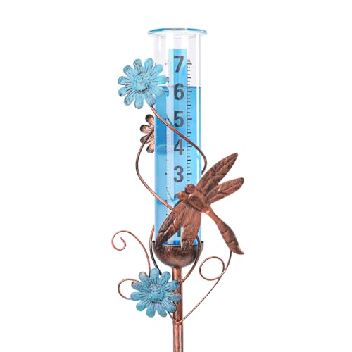 WONDER GARDEN Rain Gauge Outdoor, Decorative Rain Gauges Outdoors Best Rated with Dragonfly and Flower, Freeze Proof Water Rain Measure Gauge for Yard Patio Lawn Garden Decor