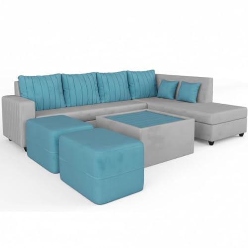 Image of CASASTYLE Stylano 8 Seater Fabric RHS L Shape Sofa Set with 1 Centre Table & 2 Ottoman (Sky Blue-Light Grey) 8-Person Seating with Premium Velvet Finish