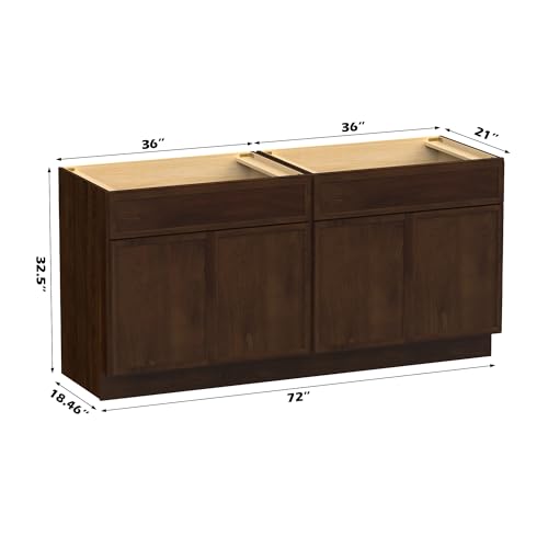 Vanity Art 72 Inch Bathroom Vanity Base Cabinet Double Sink Top (Without Sink), Soft Closing Door, Storage Unassembled Cabinet, Brown, 2ea 36 Inch Cabinet Combo