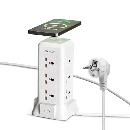 Image of 16 in 1 Universal Multi Sockets Tower Extension Boards,12 Sockets,2 USB Port,1 Type C Port,with Surge Protection,Smart Energy Saving,1.8M Extension Cords,with Wireless Charging Point