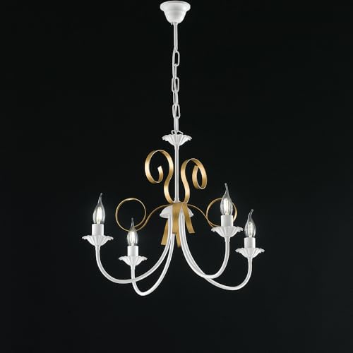 Lampadario Classico 4 Luci Ferro Battuto Bianco E Oro Serie Bandolo