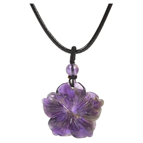 Amethyst Hand Carved Healing Crystals Gemstone Hawaii Flower Pendant Hand Weaving Wax Rope Necklace 22 inch Cover