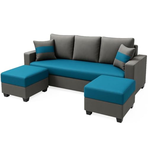 Image of FURNY Iira Sofa Set 3 Seater Velvet Fabric (Aqua Blue - Dark Grey) with 2 Ottoman | Modular Design | Living Room Furniture | Modern Stylish Sofa for Home