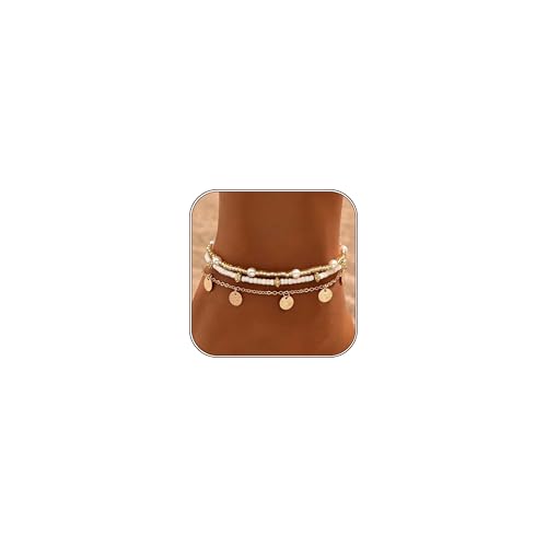 Qceasiy Shell Ankle Bracelet Set for Women, Gold Plated Boho Bead Adjustable Anklet, Hawaiian Beach Seashell Pearl Heart Starfish Conch Foot Jewelry Gifts (Disc 3Pcs)