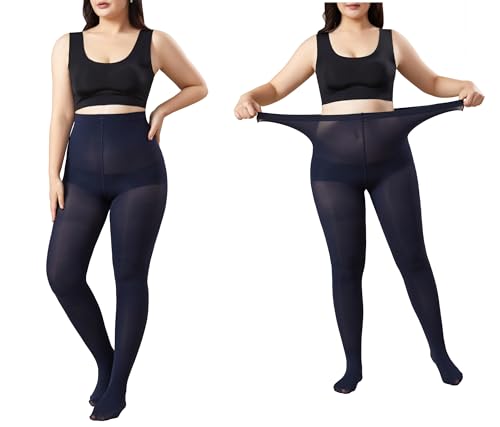 Image of MOOCHI 2 Pairs Women's Plus Size Opaque Tights Control Top High Waist Ultra Soft Elastic