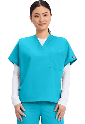 Image of Cherokee Scrubs for Women and Men Unisex V-Neck Tunic Nursing Scrub Top with Chest Pocket, Tuckable Durable Fabric - 4777 | 1 Chest Pocket For Essentials, Traditional Fit, Durable Construction, Comfortable Knit Details, Easy Care, Tuckable Style