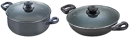 Image of Prestige Omega Deluxe Granite Sauce Pan with Lid, 26cm & Prestige Aluminium Omega Deluxe Granite Kadhai, 24 cm, Black