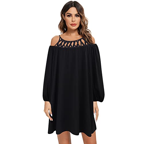 Vestido de Manga Larga con Hombros Descubiertos para Mujer, Minivestido Informal de Primavera y otoño para Mujer, Vestido Corto de Malla/Cuello de Tirantes, Vestido de Fiesta Elegante, S-2XL Cover