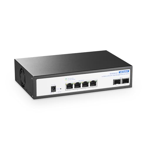 YuLinca 6 Port 10Gbps Managed Switch, 4 x 10G RJ-45 Ports with 2 x 10G SFP+ Slots, Support 10G/5G/2.5G/1000M Auto-Negotiation, Smart Web Managed Gaming Switch