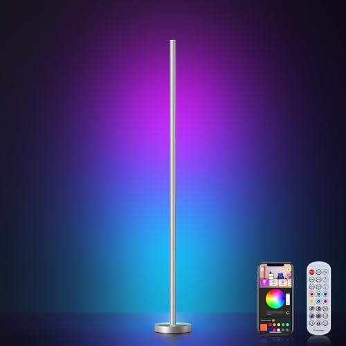 Image of OIYN Smart RGBICW LED Corner Floor Lamp - 16 Million DIY Colors, 68+ Scenes, Music Sync, App & Remote Control, Color-Changing Ambient Lighting for Living Rooms, Bedrooms, and Gaming Rooms, Silver