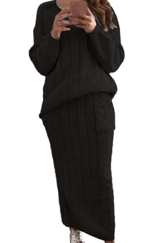 Image of chouyatou Women Winter Casual Chunky Cable Knit Long Pencil Skirt 2 Piece Outfit Oversized Pullover Sweater Sets