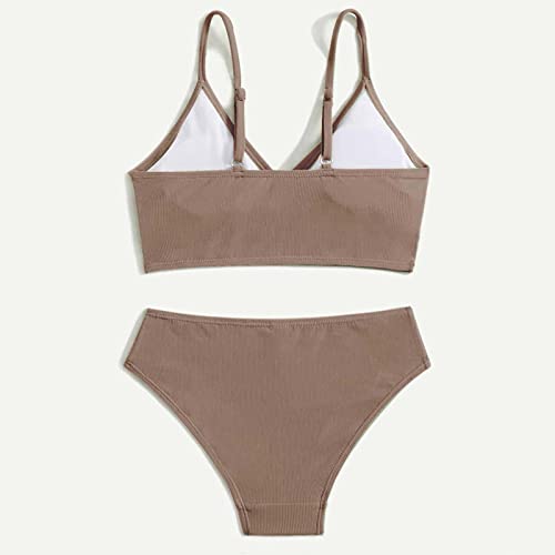 Teen Girls' Swimsuits 2 Piece V-Neck Solid Sport Bikini Set Adjustable Straps High Waist (A-Brown, 12-14 Years)3