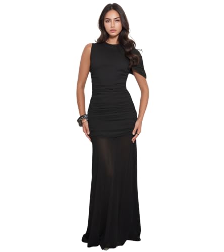 Image of PORRCEY Women's Sexy Rhinestone Lace Sheer Mesh Formal Evening Dress