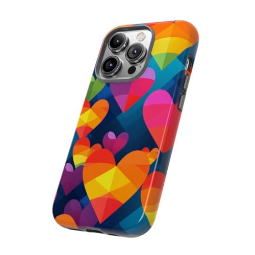 Coque iPhone 14 Pro motif cœurs géométriques colorés rigide et brillante - 2