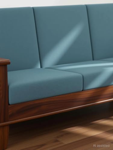 Image of Nexo Solid Sheesham Wood Sofa Set for Living Room 3 Seater Sofa Set for Home Furniture (Teak Finish with Blue Cushions)