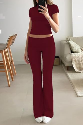 Image of AYWA Women's 2 Piece Lounge Sets Short Sleeve Crop Top Foldover Flare Pants Casual Pajama Outfits