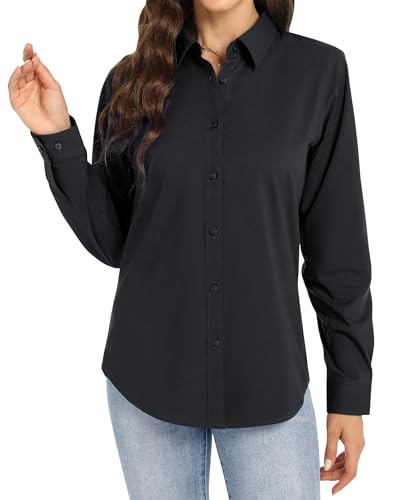 J.VER Schwarze Bluse Damen Langarmshirt Einfarbig Tops Kragen Baumwolle Oberteile Knitterfreies Damen Hemdbluse Mode Für Damenblusen All Schwarz