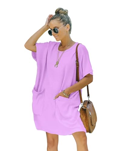 Image of Women's Casual Summer T Shirt Dress Elastic Loose Short Sleeve Dress with Pocket for Women