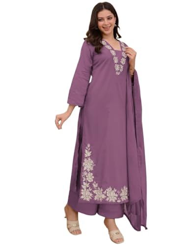 Image of ANNI Designer Pure Cotton Embroidered Kurta Set for Women | Rust Orange Kurta with Pants & Dupatta | Floral Neck & Hem Embroidery | Cotton Kurta Set for Women | 10 Colour Options Available