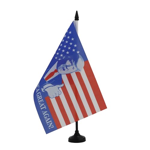AZ FLAG Bandera de mesa Donald Trump Presidente 21 x 14 cm Bandera pequeña que hace América Gran Again de escritorio, 100% poliéster con mástil de 25 cm y base de plástico negro