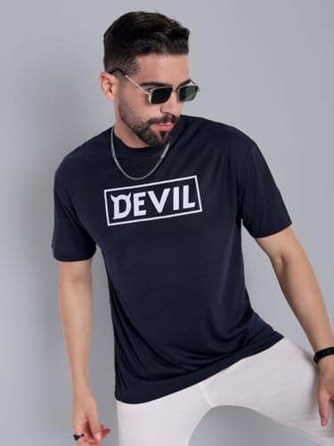 Image of Go Devil Men's Dark Blue 100% Polyester Printed T-Shirt | Half Sleeve, Regular Fit Casual Wear for Men