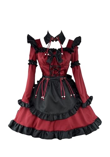 OMZIN Damen Cosplay Kostüm Dienstmädchen Kleid Mit Schürze Kleid Fliege Langarm Schnürung Lolita Kleider Weinrot S