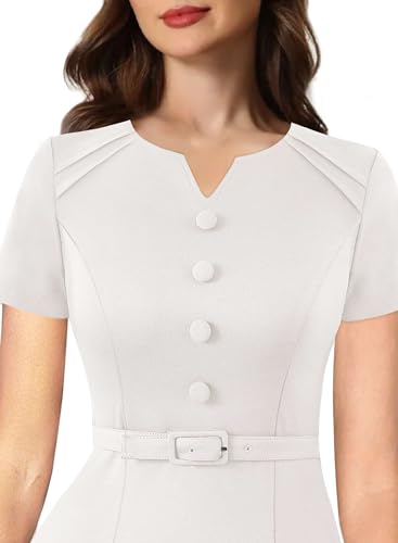 VFSHOW Womens Business Pleated Notch V Neck Buttons Fitted Work Office Elegant Belted Church Bodycon Pencil Sheath Dress…3