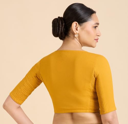 Image of Studio Shringaar Women's Thick Handloom Cotton Plain Side Stretch (Smocked) Readymade Saree Blouse
