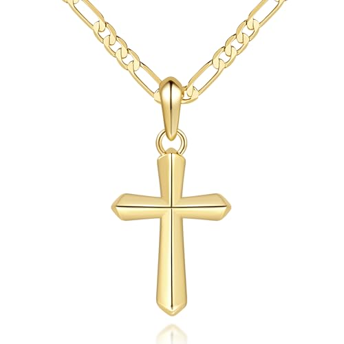 Mens Cross Necklaces 14K Gold Cross Necklace for Men Gold Crosses Necklaces for Men Figaro Chain with Smooth Surface Crosses Chain Pendant Necklace for Mens