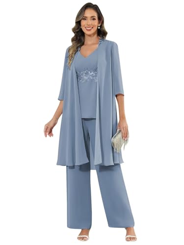 3 Pieces Mother of The Bride Pant Suits for Women Dressy Long Chiffon V Neck Formal Wedding Outfit with Jacket