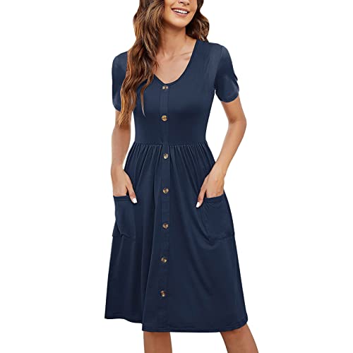 Vestido de verano para mujer, ligero, manga corta, vestido floral, sexy, elegante, tallas grandes, vestido de playa, vestido maxi de color sólido, vestido suelto, vestido de primavera, marine, XL