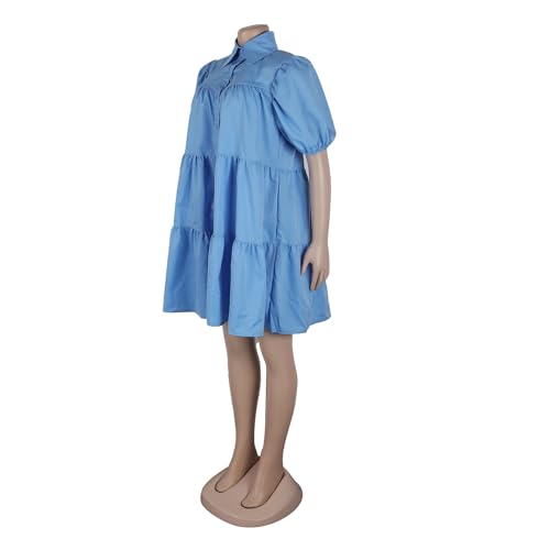 Image of WOKANSE Women's Cute Babydoll Dresses Casual Loose Puff Sleeves Ruffle Hem Button Down Pleated Shirt Dress