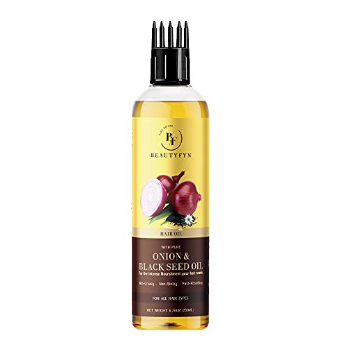 BEAUTYFYN Onion Black Seed Oil for Organic Hair Growth with Comb Applicator â Natural and Effective Hair Growth Oil for Intense Nourishment â Ideal for All Hair Types â 200 ml