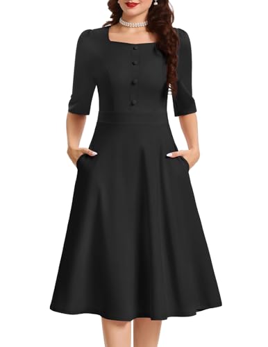 Bbonlinedress Vintage Cocktail Dress Women Formal Wedding Guest Church Modest Square Neck Tea Dress with 3/4 Sleeve
