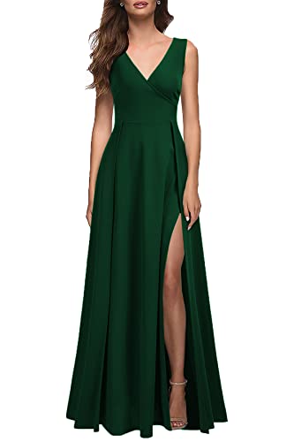 MUSHARE Women's V Neck Sleeveless Split Formal Dress Cocktail Party Prom Long Dresses Green